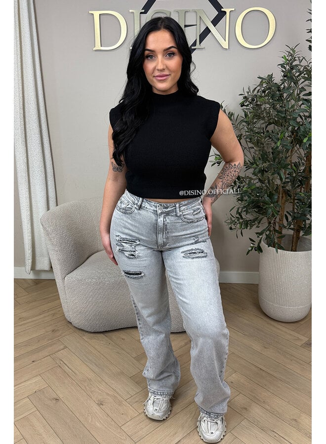 GREY - 'MUNICH' - STRETCH FRONT RIPPED WIDE LEG JEANS