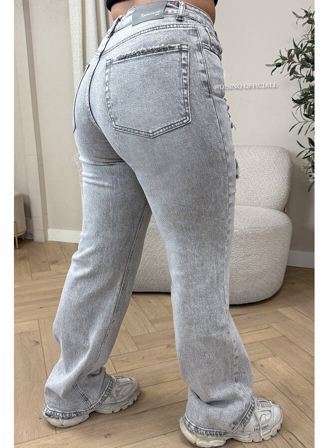 GREY - 'MUNICH' - STRETCH FRONT RIPPED WIDE LEG JEANS