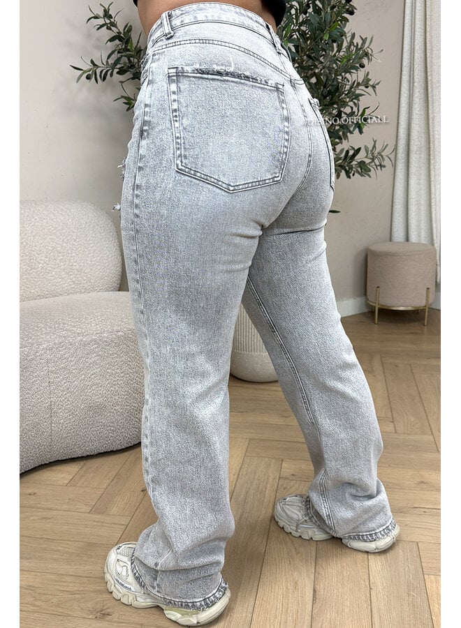 GREY - 'MUNICH' - STRETCH FRONT RIPPED WIDE LEG JEANS