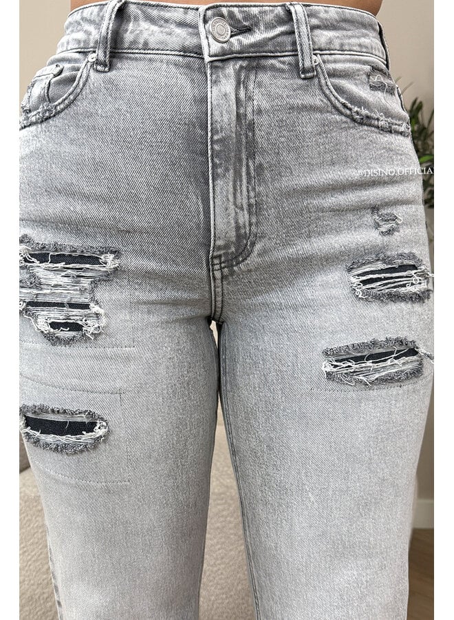 GREY - 'MUNICH' - STRETCH FRONT RIPPED WIDE LEG JEANS