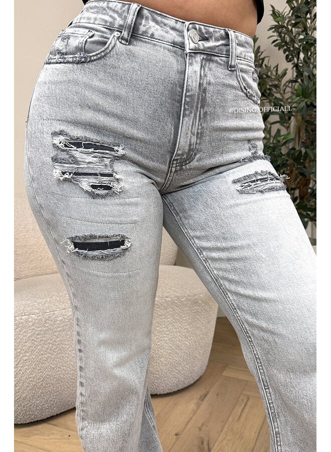 GREY - 'MUNICH' - STRETCH FRONT RIPPED WIDE LEG JEANS