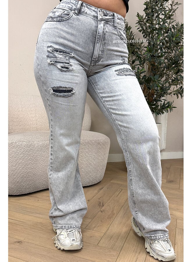 GREY - 'MUNICH' - STRETCH FRONT RIPPED WIDE LEG JEANS