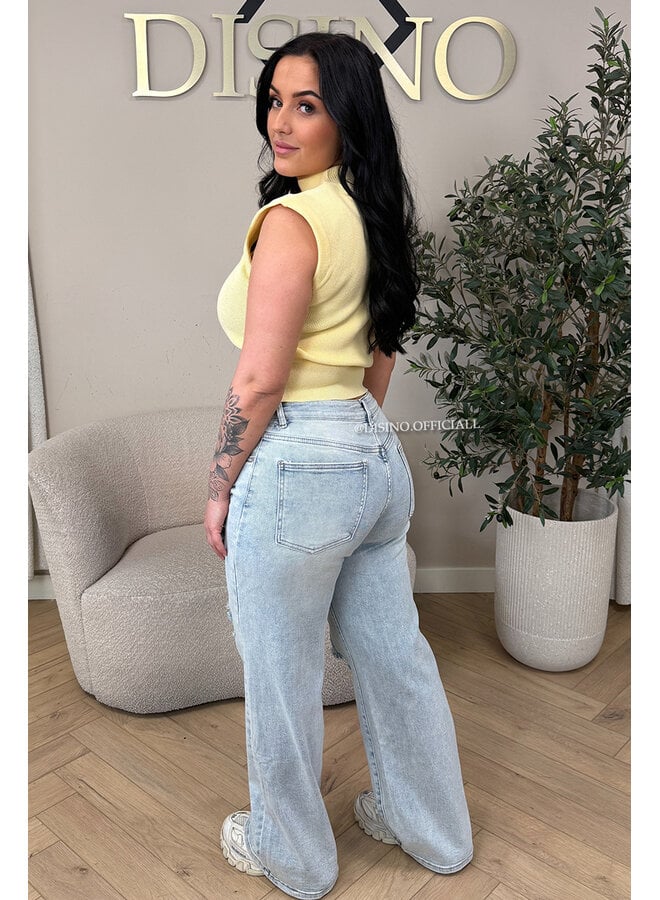 LIGHT BLUE - 'LIVV JEANS' - RIPPED SUPER STRETCH MEDIUM  WAIST WIDE LEG JEANS