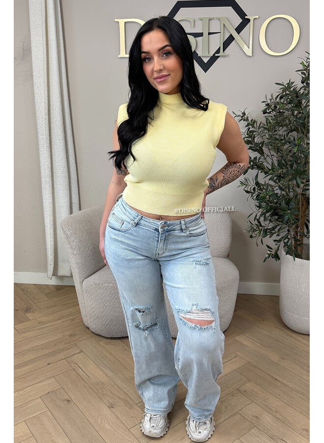 LIGHT BLUE - 'LIVV JEANS' - RIPPED SUPER STRETCH MEDIUM  WAIST WIDE LEG JEANS