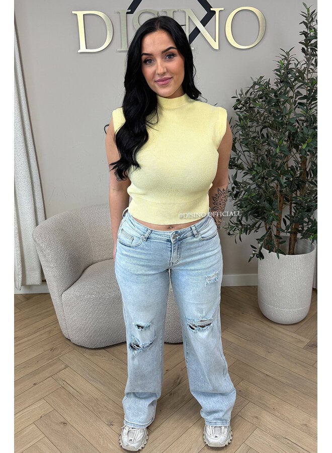 LIGHT BLUE - 'LIVV JEANS' - RIPPED SUPER STRETCH MEDIUM  WAIST WIDE LEG JEANS