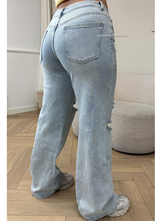 LIGHT BLUE - 'LIVV JEANS' - RIPPED SUPER STRETCH MEDIUM  WAIST WIDE LEG JEANS