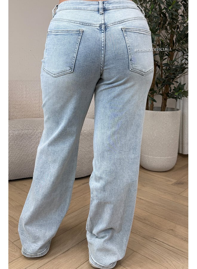 LIGHT BLUE - 'LIVV JEANS' - RIPPED SUPER STRETCH MEDIUM  WAIST WIDE LEG JEANS