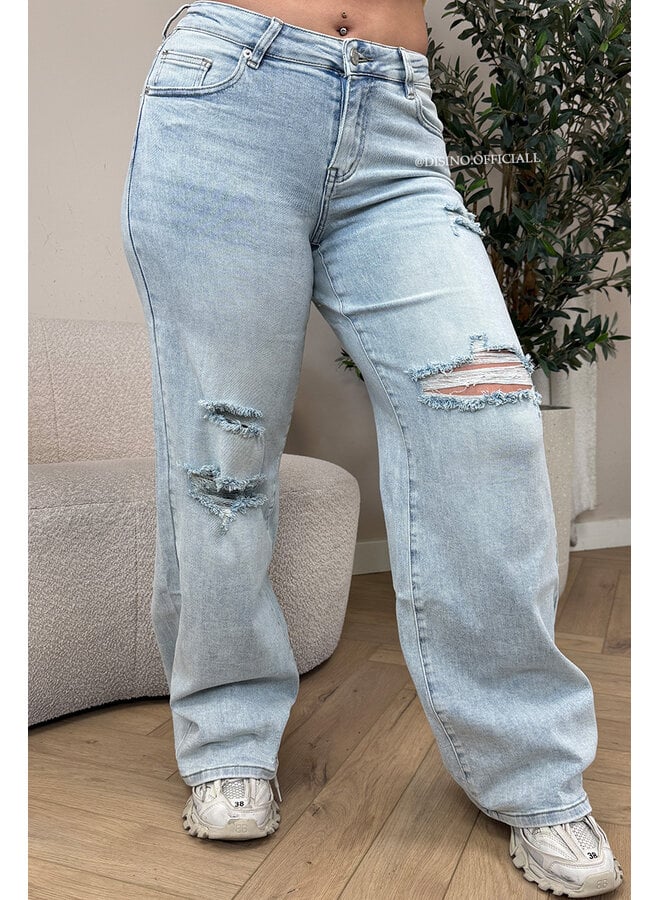 LIGHT BLUE - 'LIVV JEANS' - RIPPED SUPER STRETCH MEDIUM WAIST WIDE LEG JEANS