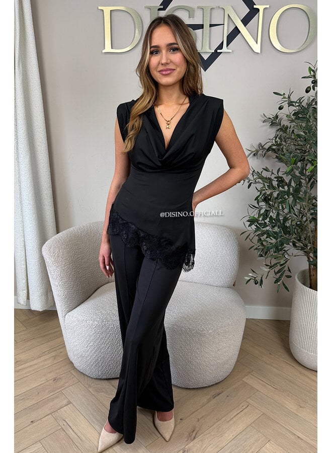 BLACK - 'YASEMIN SET' - STRETCH SATIN LACE DETAIL TOP + PANTS SET