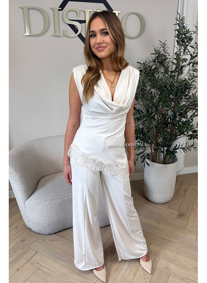 BEIGE - 'YASEMIN SET' - STRETCH SATIN LACE DETAIL TOP + PANTS SET