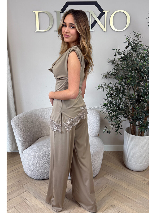 TAUPE - 'YASEMIN SET' - STRETCH SATIN LACE DETAIL TOP + PANTS SET