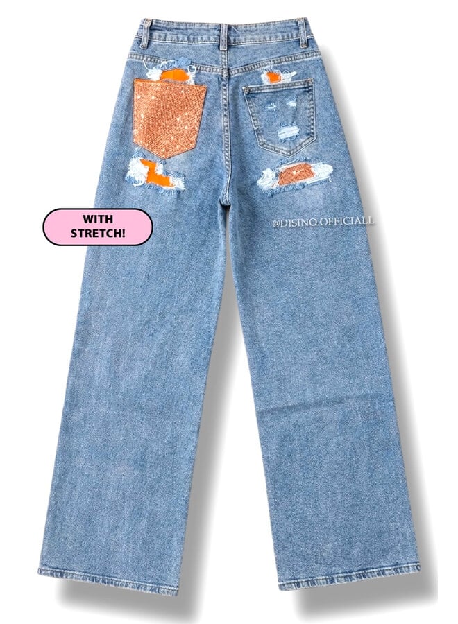 ORANGE - 'SYDNEY RHINESTONE' - STRETCH VIRAL RIPPED BACK STRAIGHT LEG JEANS
