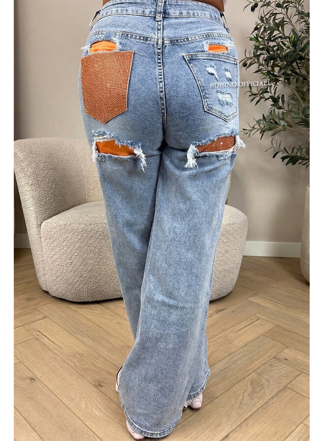 ORANGE - 'SYDNEY RHINESTONE' - STRETCH VIRAL RIPPED BACK STRAIGHT LEG JEANS