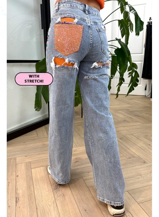 ORANGE - 'SYDNEY RHINESTONE' - STRETCH VIRAL RIPPED BACK STRAIGHT LEG JEANS