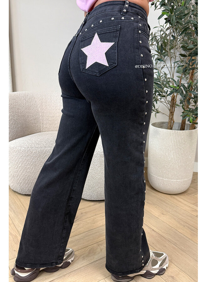 BLACK - 'PINK STAR JEANS' - STRETCH VIRAL STUDS WIDE LEG JEANS