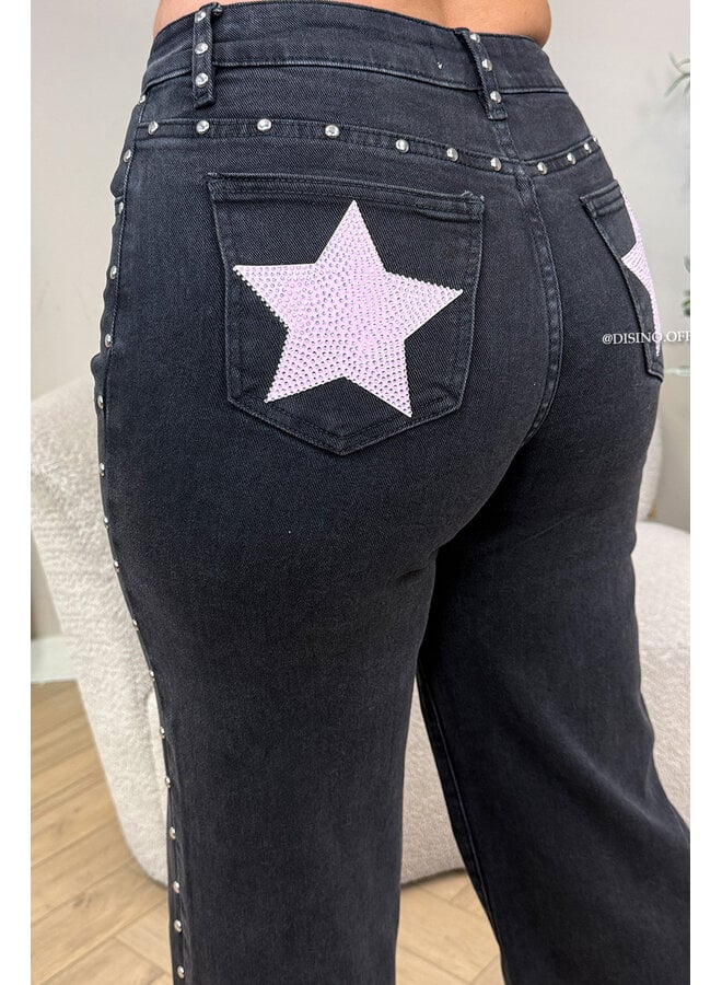 BLACK - 'PINK STAR JEANS' - STRETCH VIRAL STUDS WIDE LEG JEANS