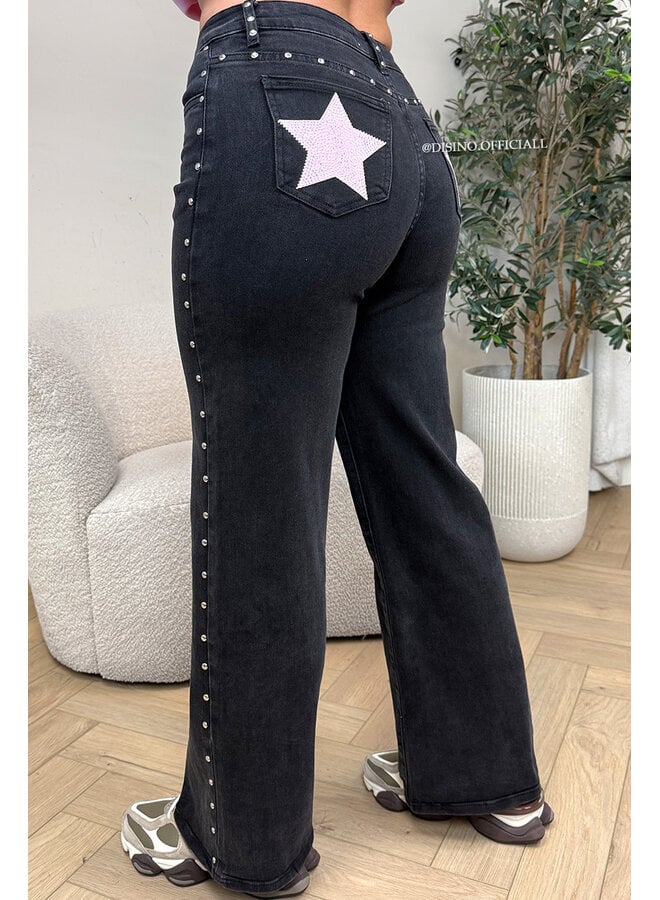 BLACK - 'PINK STAR JEANS' - STRETCH VIRAL STUDS WIDE LEG JEANS