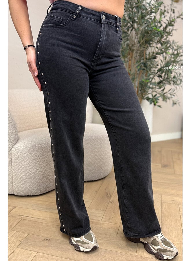 BLACK - 'PINK STAR JEANS' - STRETCH VIRAL STUDS WIDE LEG JEANS