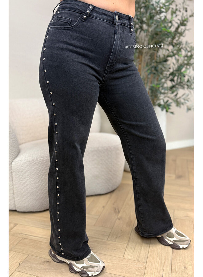 BLACK - 'PINK STAR JEANS' - STRETCH VIRAL STUDS WIDE LEG JEANS