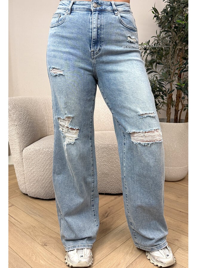 BLUE - 'LOLA JEANS' - DESTROYED SUPER STRETCH HIGH WAIST WIDE LEG JEANS