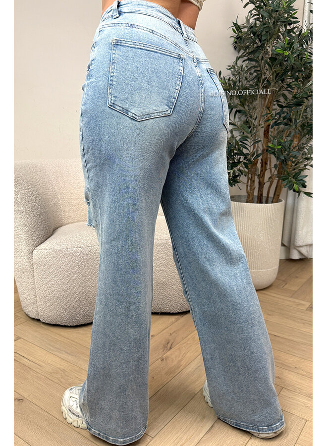 BLUE - 'LOLA JEANS' - DESTROYED SUPER STRETCH HIGH WAIST WIDE LEG JEANS