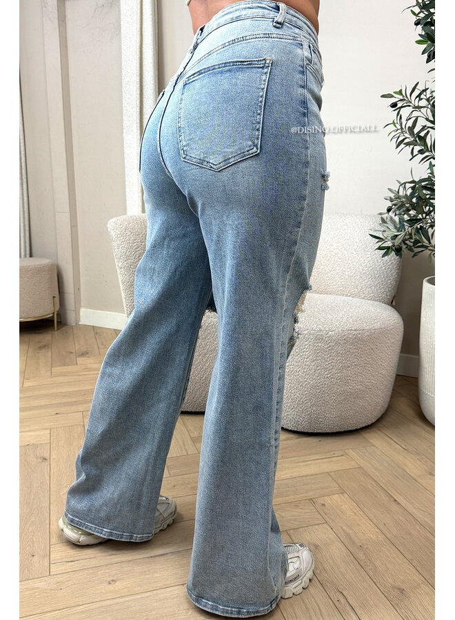 BLUE - 'LOLA JEANS' - DESTROYED SUPER STRETCH HIGH WAIST WIDE LEG JEANS