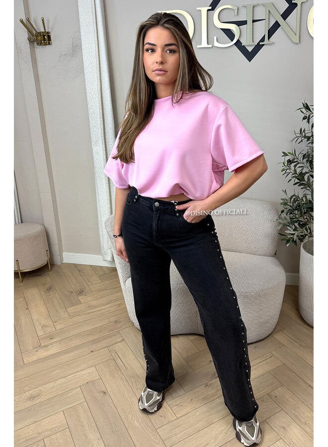 BLACK - 'PINK STAR JEANS' - STRETCH VIRAL STUDS WIDE LEG JEANS