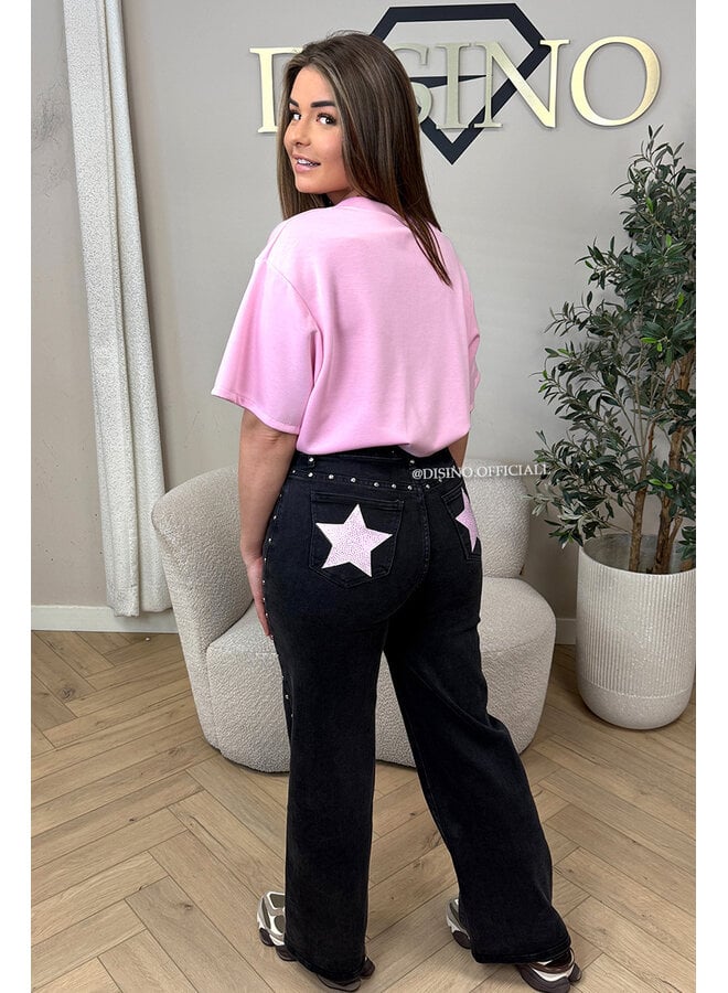 BLACK - 'PINK STAR JEANS' - STRETCH VIRAL STUDS WIDE LEG JEANS