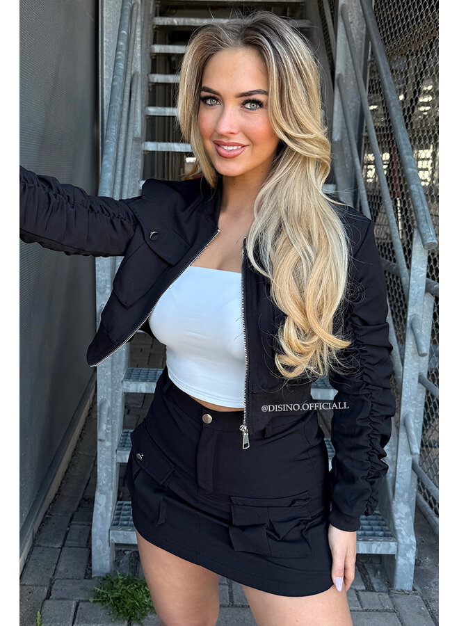 BLACK - 'DJUNE SET' - BOMBER JACKET + SKORT TWO PIECE SET