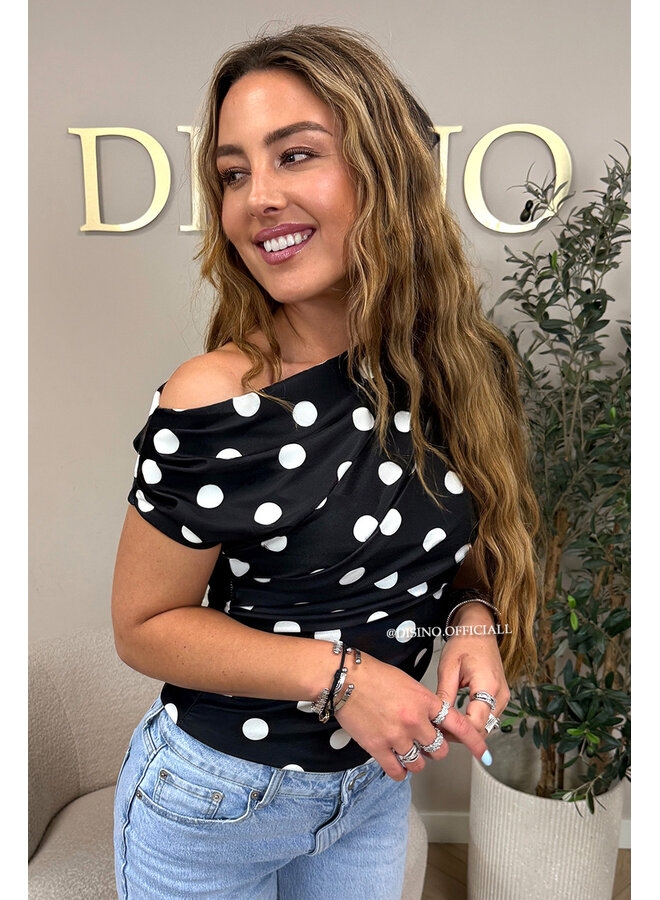 BLACK/WHITE - 'PIPER TOP' - POLKADOT OFF-SHOULDER TOP