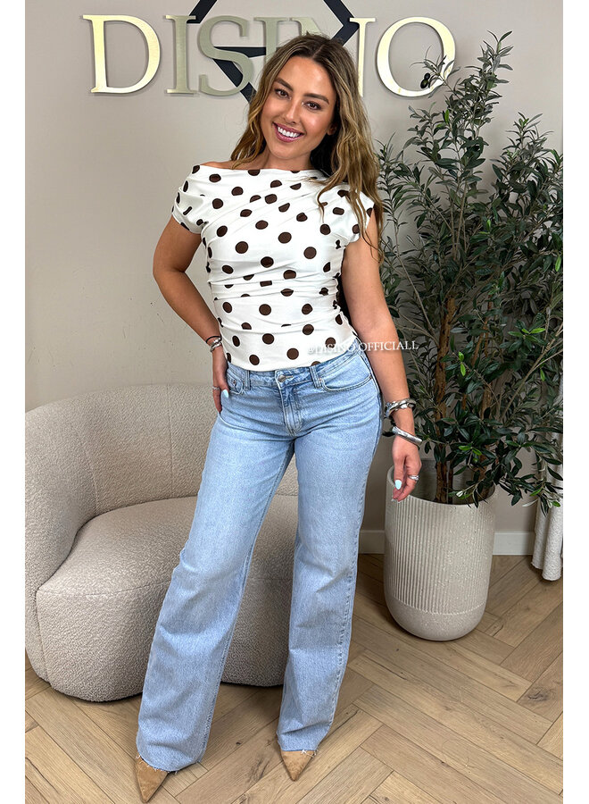 WHITE/CHOCO - 'PIPER TOP' - POLKADOT OFF-SHOULDER TOP