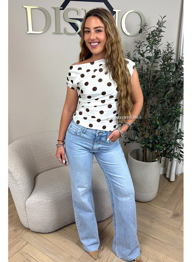 WHITE/CHOCO - 'PIPER TOP' - POLKADOT OFF-SHOULDER TOP