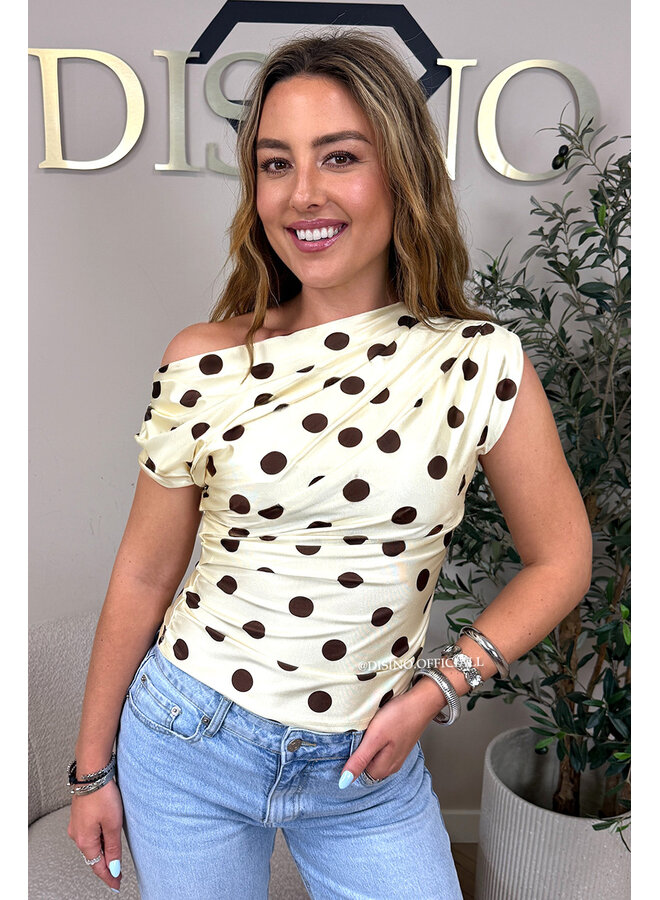 YELLOW/CHOCO - 'PIPER TOP' - POLKADOT OFF-SHOULDER TOP