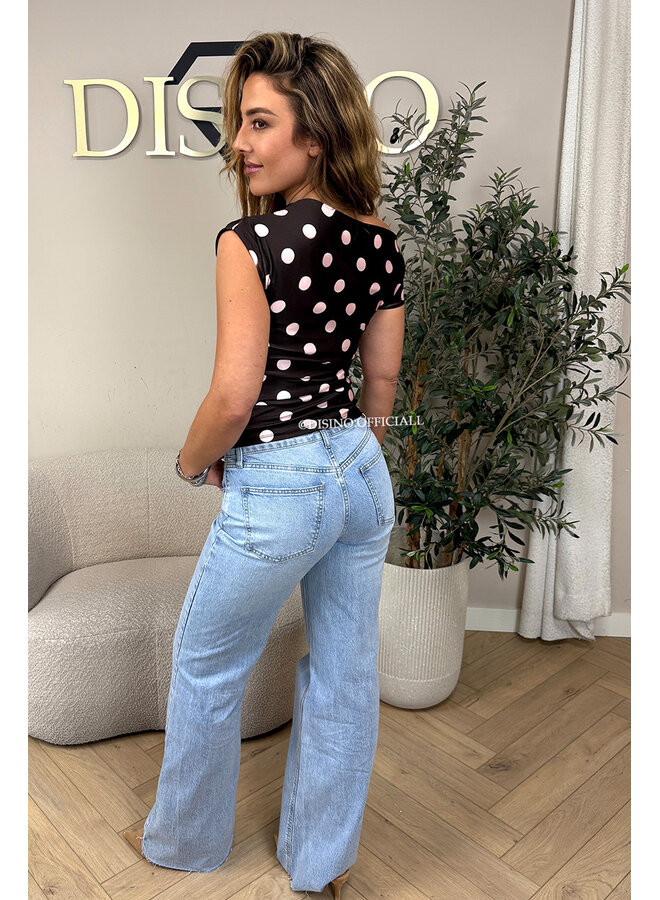 CHOCO/PINK - 'PIPER TOP' - POLKADOT OFF-SHOULDER TOP