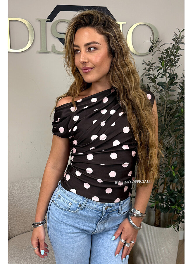 CHOCO/PINK - 'PIPER TOP' - POLKADOT OFF-SHOULDER TOP