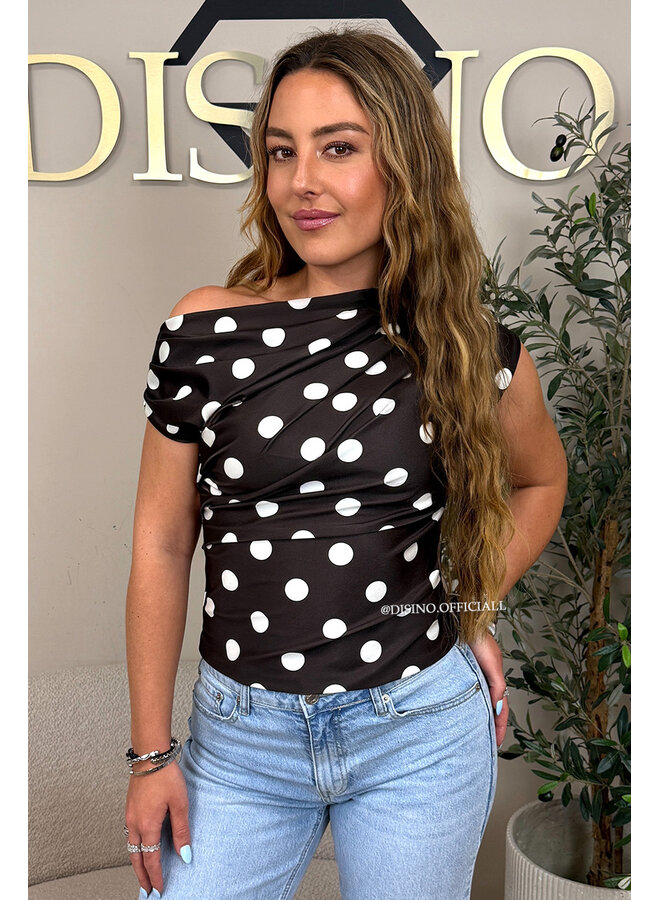 CHOCO/WHITE - 'PIPER TOP' - POLKADOT OFF-SHOULDER TOP