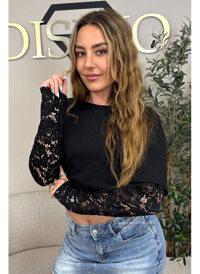 BLACK 'ESTELLE V2' - LACE SLEEVES OVERSIZED TEE