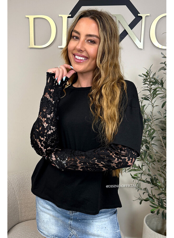 BLACK 'ESTELLE V2' - LACE SLEEVES OVERSIZED TEE