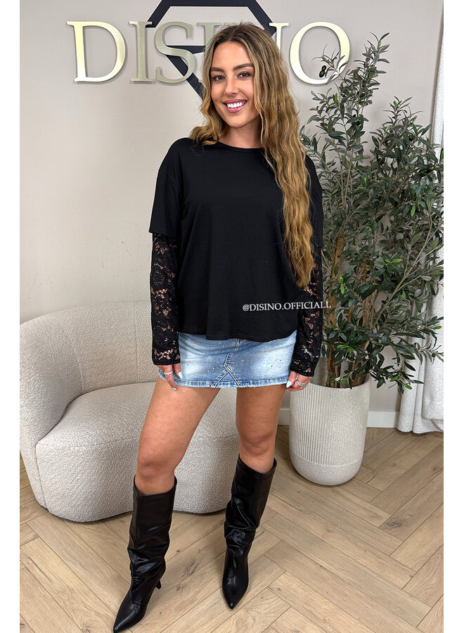 BLACK 'ESTELLE V2' - LACE SLEEVES OVERSIZED TEE