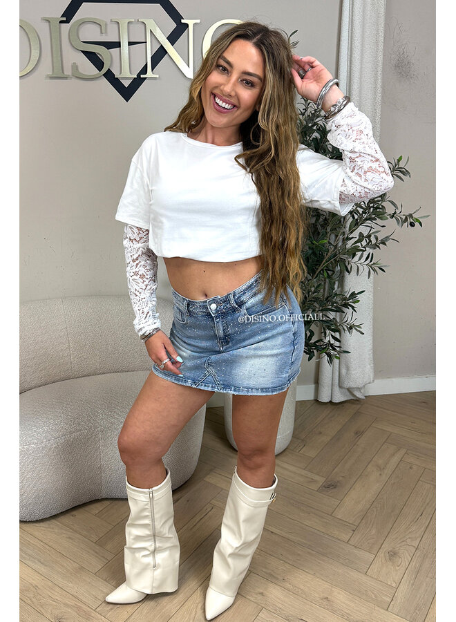 WHITE - 'ESTELLE V2' - LACE SLEEVES OVERSIZED TEE