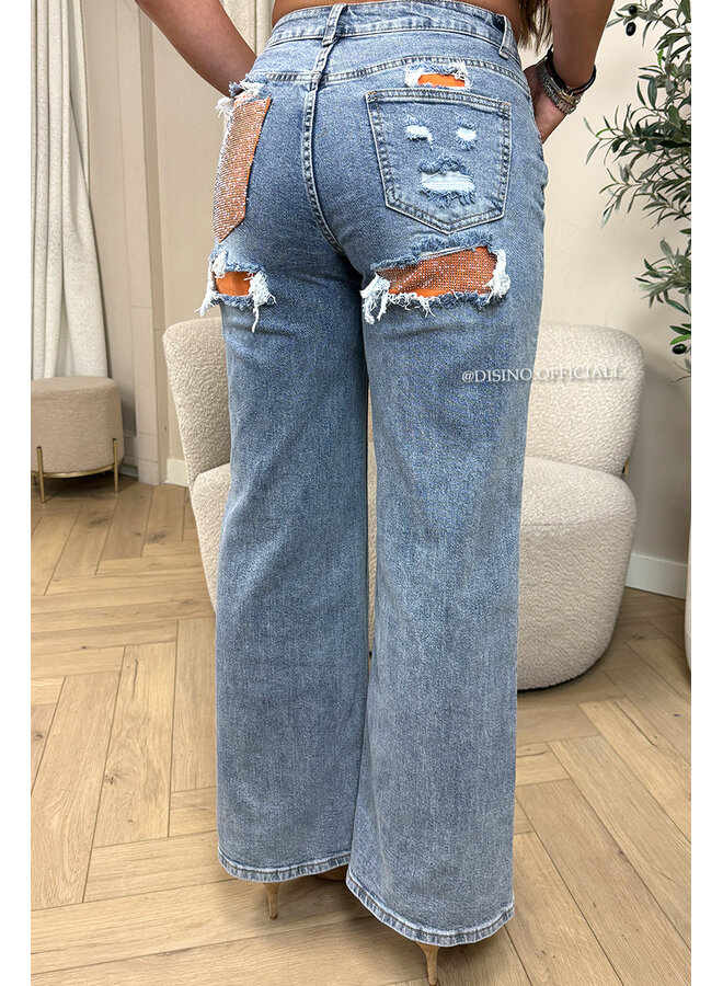 ORANGE - 'SYDNEY RHINESTONE' - STRETCH VIRAL RIPPED BACK STRAIGHT LEG JEANS
