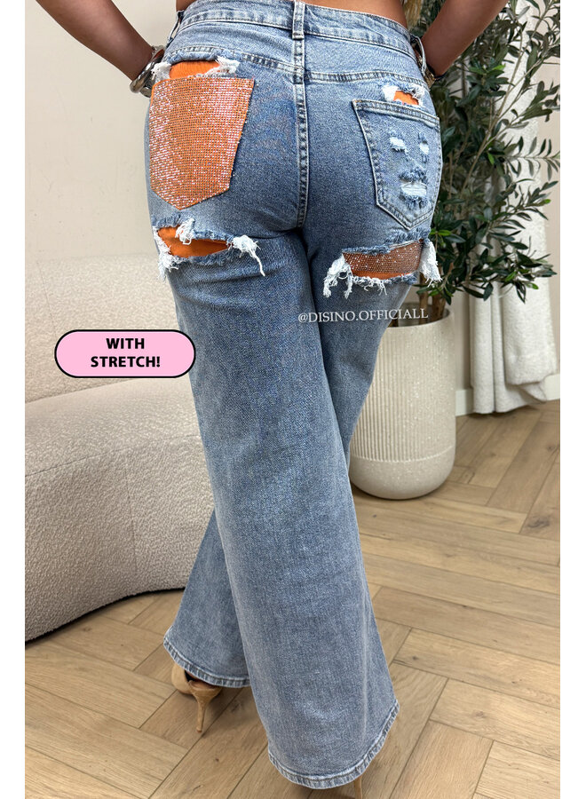 ORANGE - 'SYDNEY RHINESTONE' - STRETCH VIRAL RIPPED BACK STRAIGHT LEG JEANS