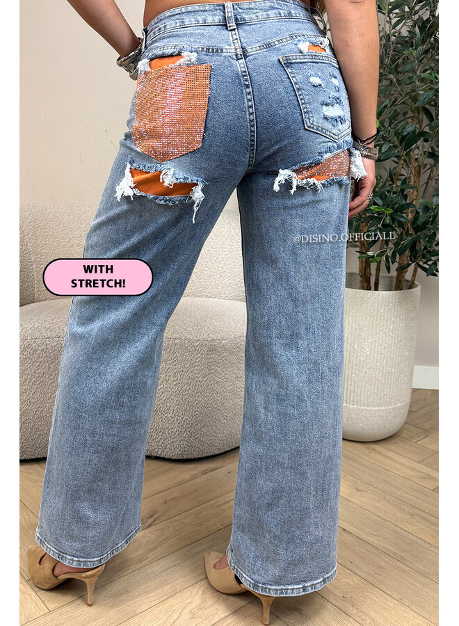 ORANGE - 'SYDNEY RHINESTONE' - STRETCH VIRAL RIPPED BACK STRAIGHT LEG JEANS
