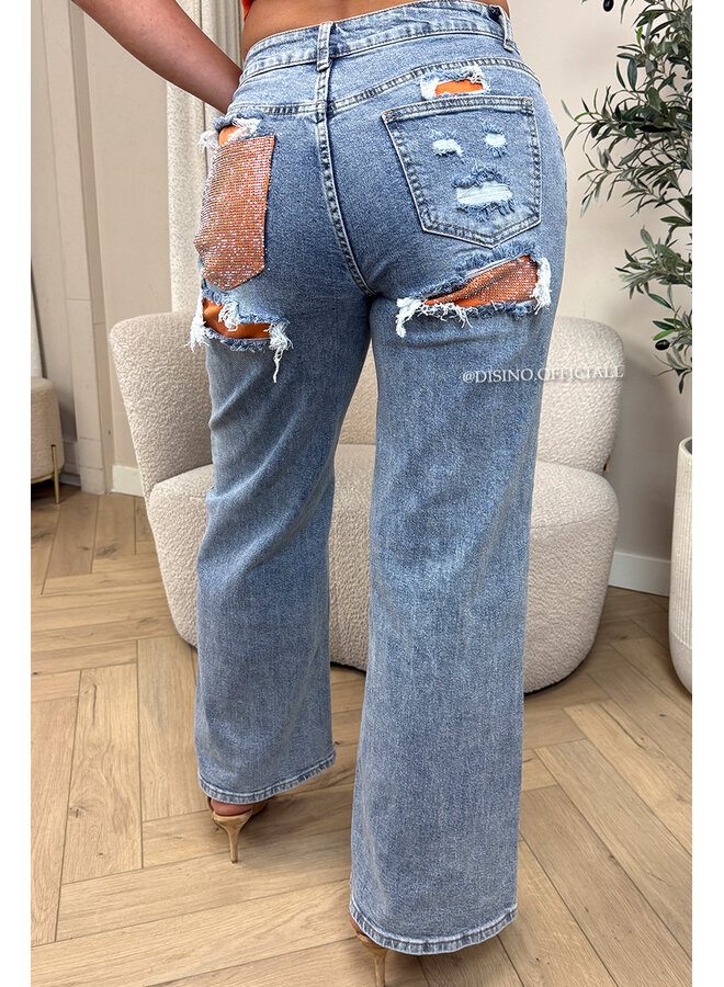 ORANGE - 'SYDNEY RHINESTONE' - STRETCH VIRAL RIPPED BACK STRAIGHT LEG JEANS