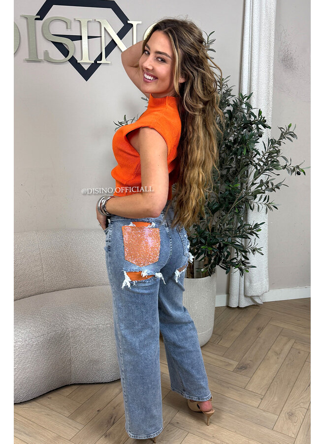 ORANGE - 'SYDNEY RHINESTONE' - STRETCH VIRAL RIPPED BACK STRAIGHT LEG JEANS