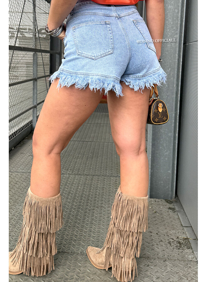 LIGHT BLUE - 'COACHELLA V2 SHORT' - FRINGE DENIM SHORT