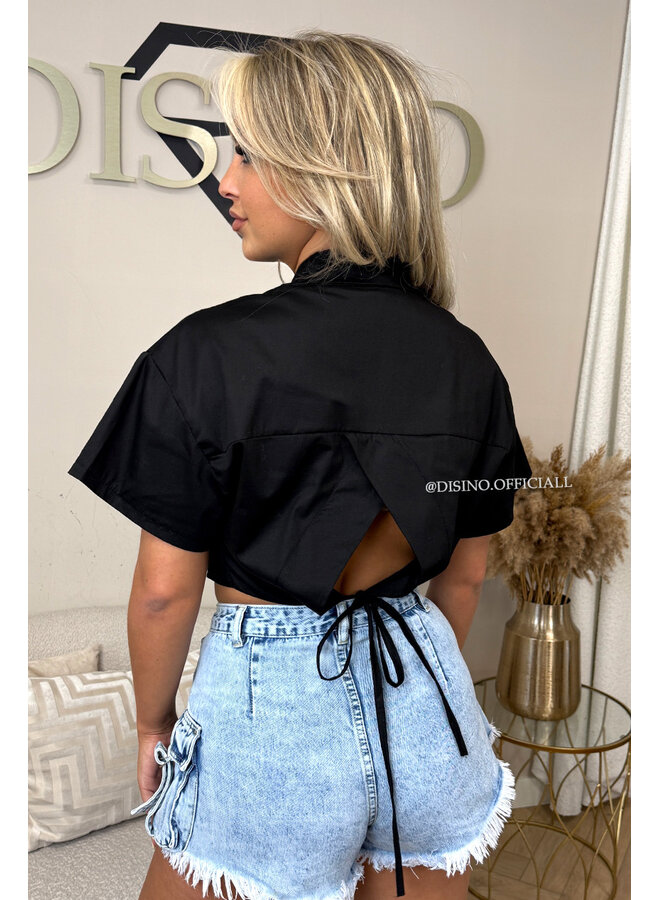 BLACK - 'CARMEN BLOUSE' - OPEN BACK SHORT SLEEVE SHIRT