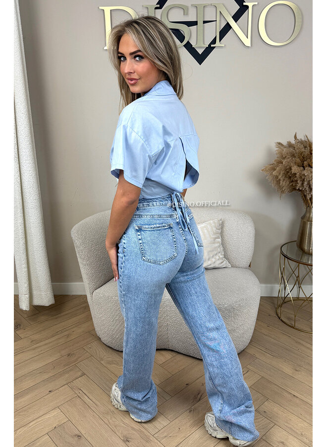 LIGHT BLUE - 'CARMEN BLOUSE' - OPEN BACK SHORT SLEEVE SHIRT