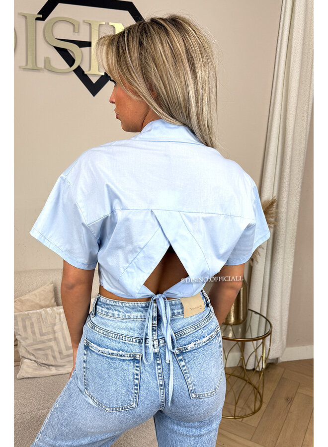 LIGHT BLUE - 'CARMEN BLOUSE' - OPEN BACK SHORT SLEEVE SHIRT