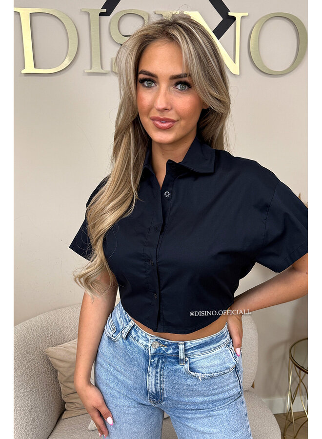 NAVY BLUE - 'CARMEN BLOUSE' - OPEN BACK SHORT SLEEVE SHIRT